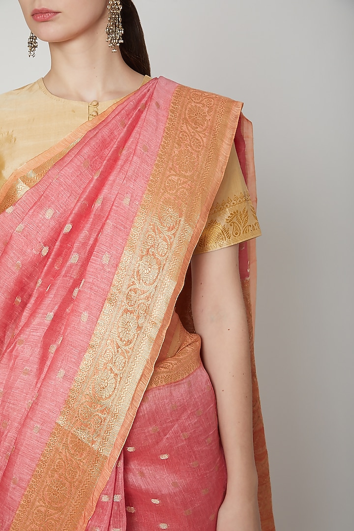 Peach Linen Festive Saree by NARMADESHWARI at Pernia's Pop Up Shop