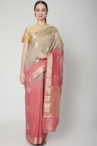 Peach Saree In Linen by NARMADESHWARI