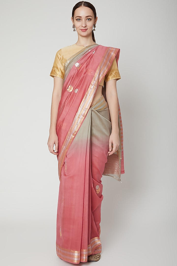 Peach Festive Saree In Linen by NARMADESHWARI at Pernia's Pop Up Shop