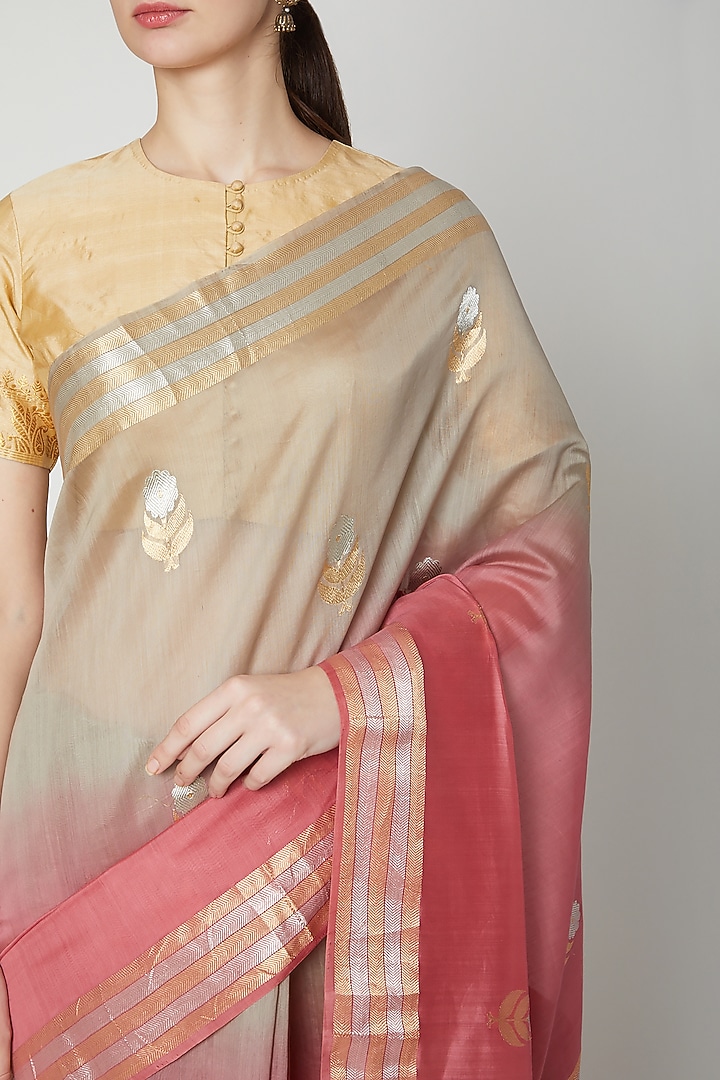 Peach Festive Saree In Linen by NARMADESHWARI at Pernia's Pop Up Shop