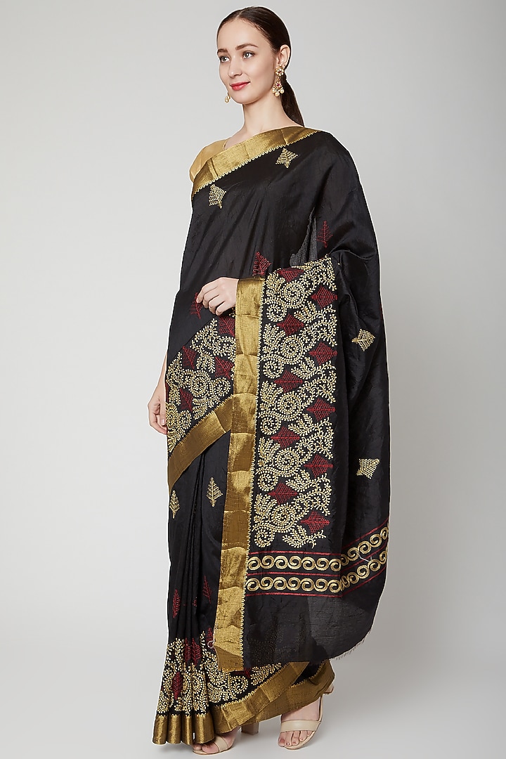 Black Hand Embroidered Saree by NARMADESHWARI at Pernia's Pop Up Shop