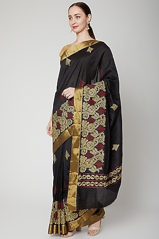 Black Hand Embroidered Saree by NARMADESHWARI