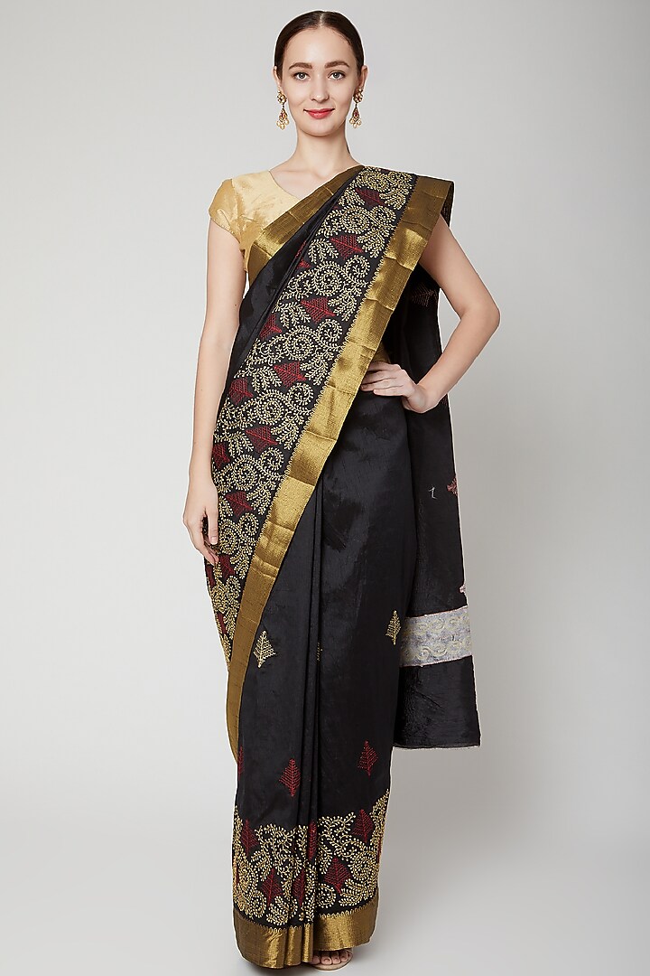 Black Hand Embroidered Saree by NARMADESHWARI at Pernia's Pop Up Shop