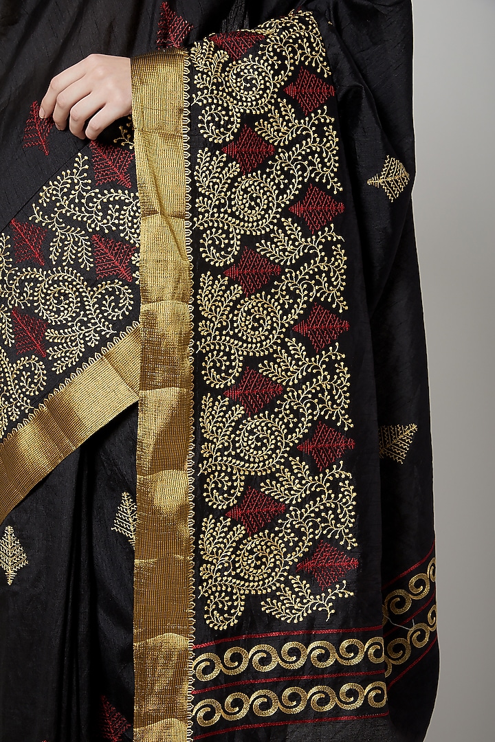 Black Hand Embroidered Saree by NARMADESHWARI at Pernia's Pop Up Shop
