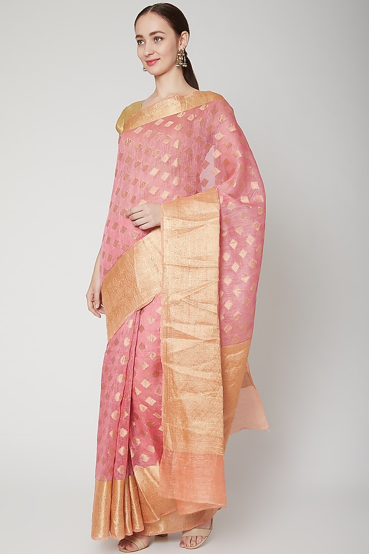 Peach Linen Festive Saree by NARMADESHWARI at Pernia's Pop Up Shop