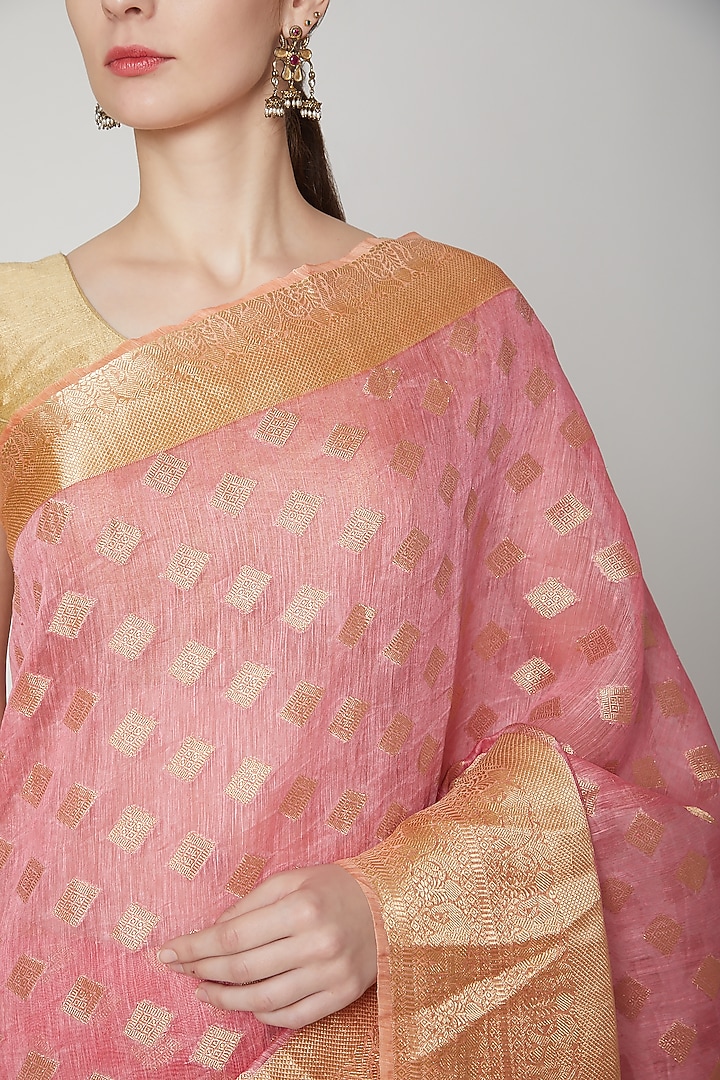 Peach Linen Festive Saree by NARMADESHWARI at Pernia's Pop Up Shop