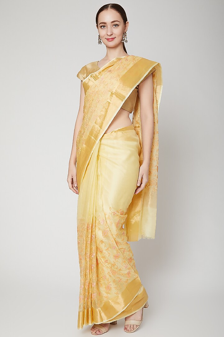 Lime Yellow Embroidered Festive Saree by NARMADESHWARI at Pernia's Pop Up Shop