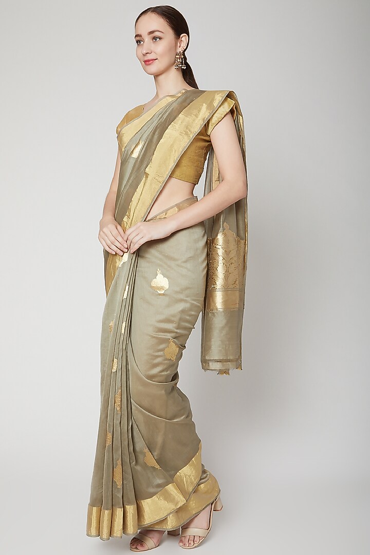 Grey Linen Festive Saree by NARMADESHWARI at Pernia's Pop Up Shop