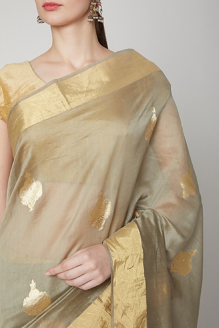 Grey Linen Festive Saree by NARMADESHWARI at Pernia's Pop Up Shop