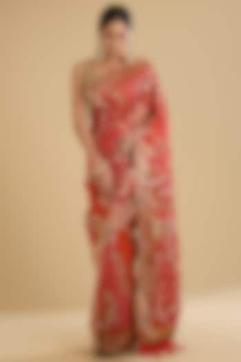 Rani Pink Satin Silk Bandhani Festive Saree Set by NARMADESHWARI at Pernia's Pop Up Shop