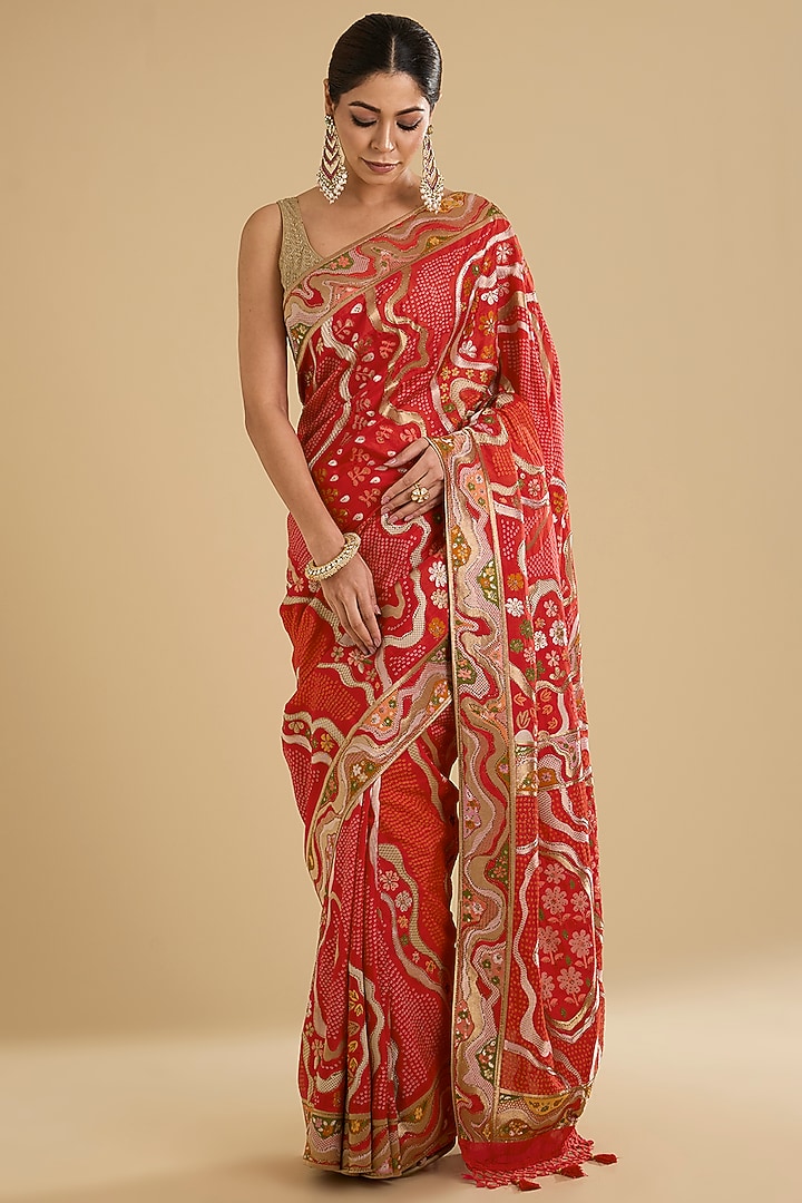 Rani Pink Satin Silk Bandhani Festive Saree Set by NARMADESHWARI at Pernia's Pop Up Shop