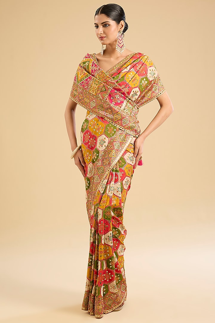 Multi-Colored Satin Silk Mirror Embellished Festive Saree Set by NARMADESHWARI at Pernia's Pop Up Shop