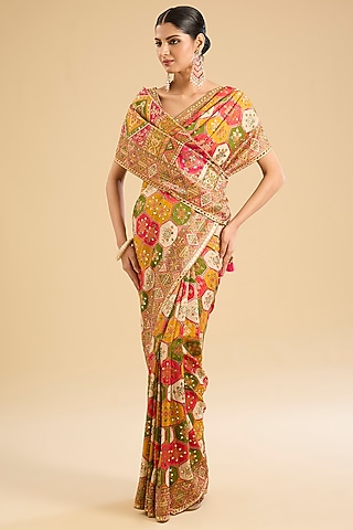 Multi-Colored Satin Silk Mirror Embellished Saree Set by NARMADESHWARI