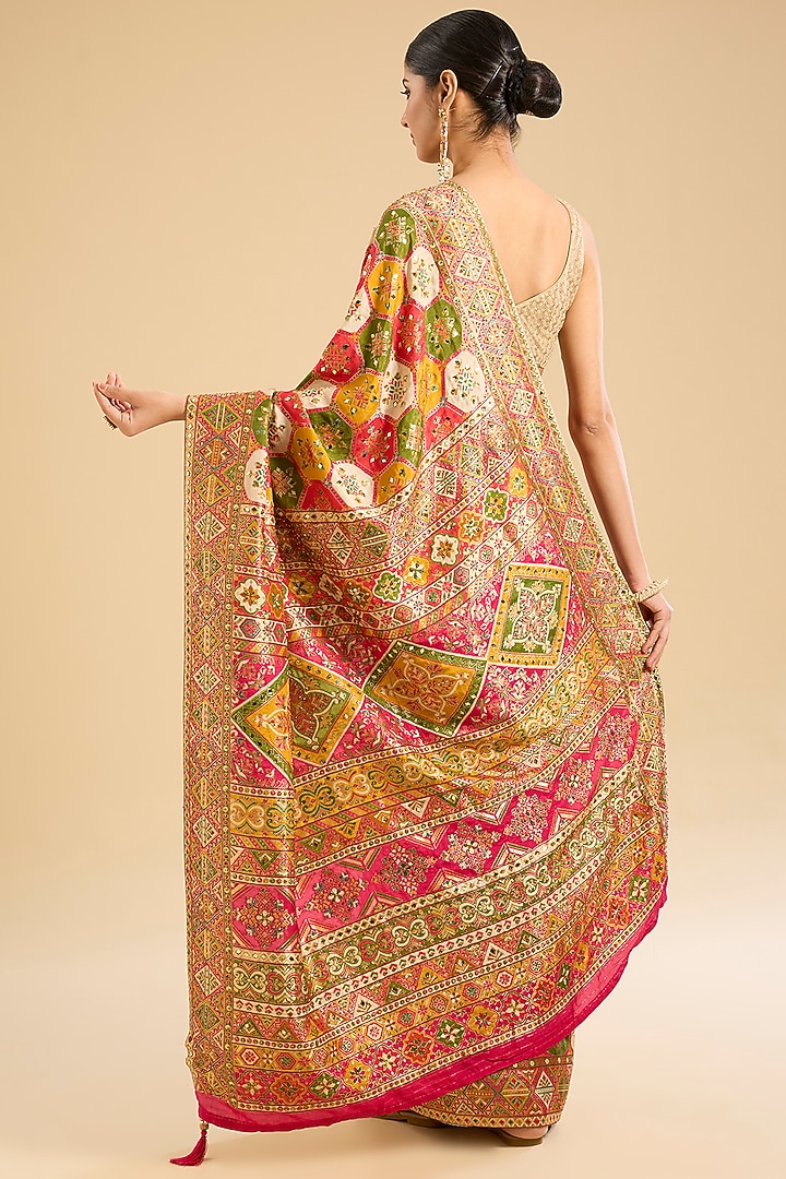 Multi-Colored Satin Silk Mirror Embellished Festive Saree Set by NARMADESHWARI at Pernia's Pop Up Shop