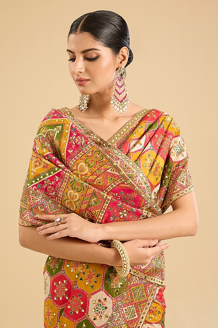 Multi-Colored Satin Silk Mirror Embellished Festive Saree Set by NARMADESHWARI at Pernia's Pop Up Shop