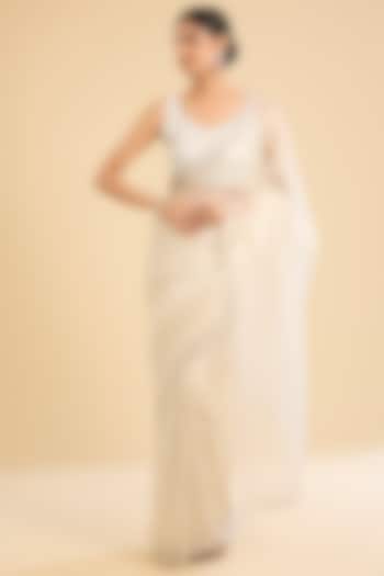 Ivory Organza Swarovski Embellished Festive Saree Set by NARMADESHWARI at Pernia's Pop Up Shop