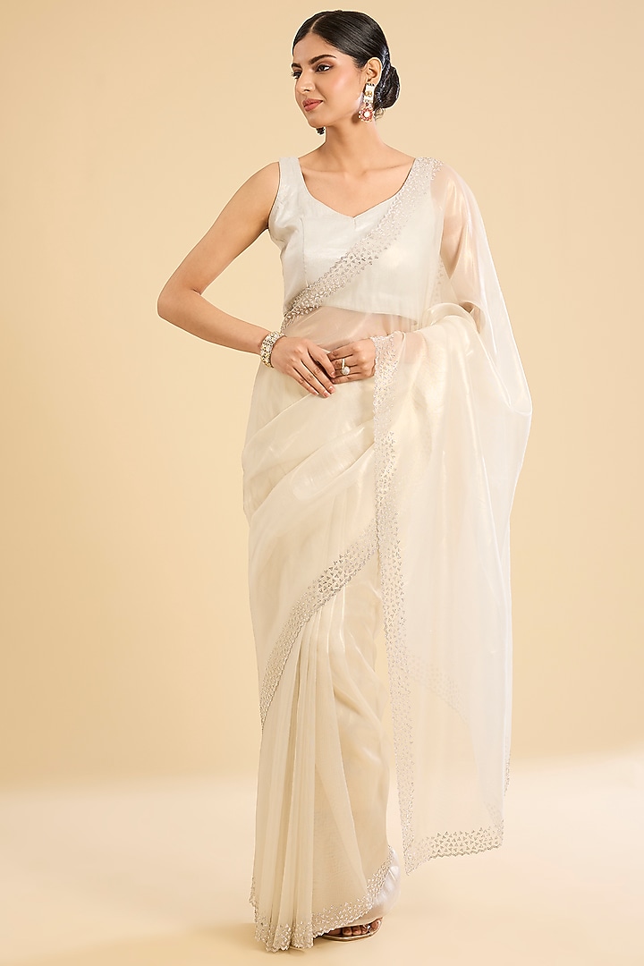 Ivory Organza Swarovski Embellished Festive Saree Set by NARMADESHWARI at Pernia's Pop Up Shop