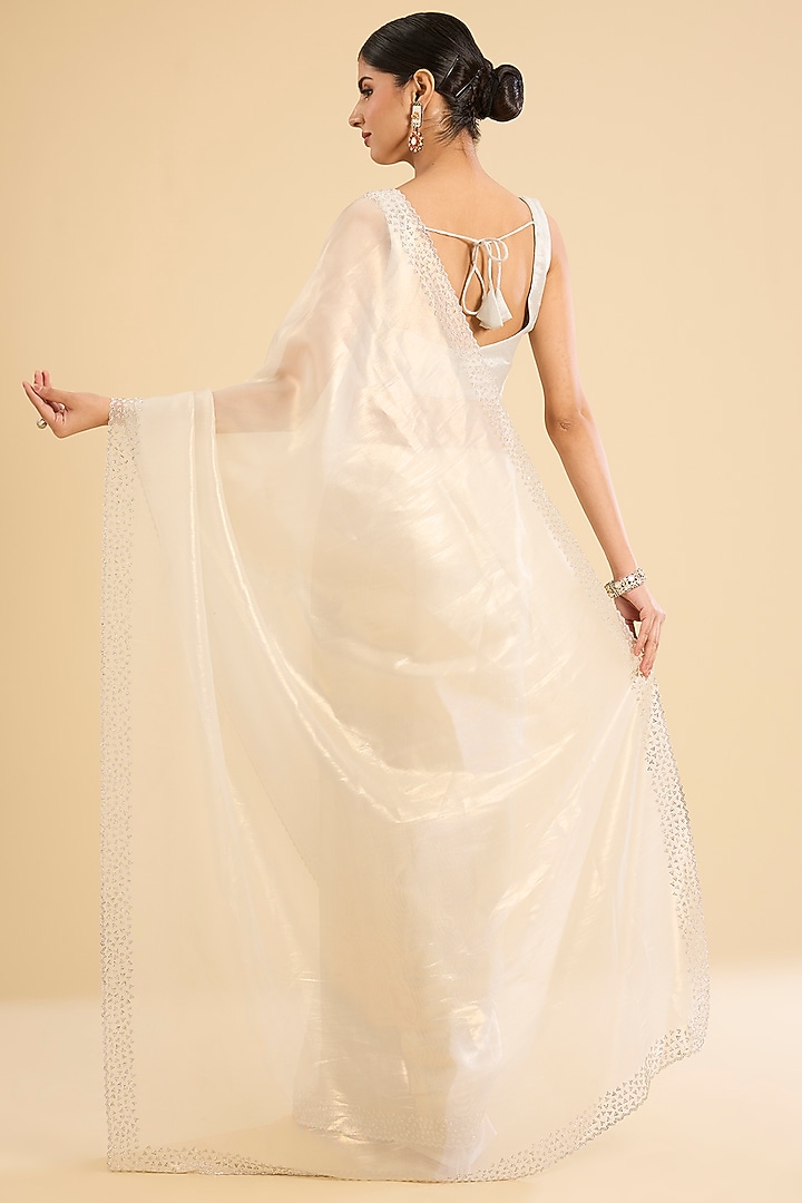 Ivory Organza Swarovski Embellished Festive Saree Set by NARMADESHWARI at Pernia's Pop Up Shop