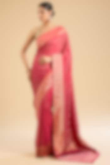 Rani Pink Satin Silk Banarasi Festive Saree Set by NARMADESHWARI at Pernia's Pop Up Shop