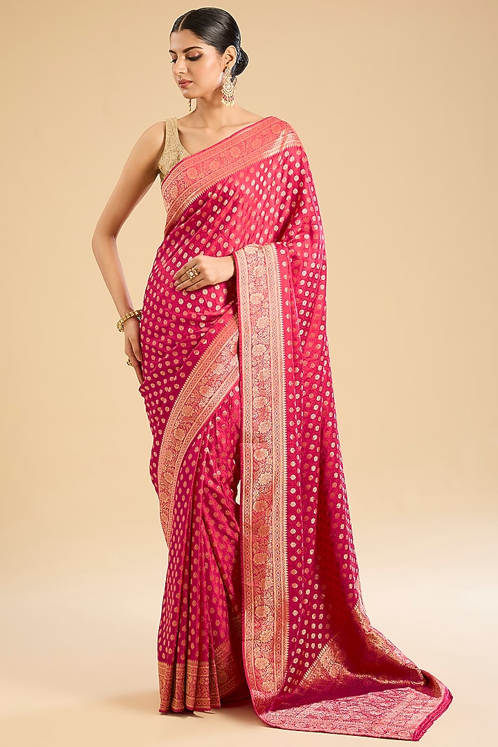 Rani Pink Satin Silk Banarasi Festive Saree Set by NARMADESHWARI at Pernia's Pop Up Shop
