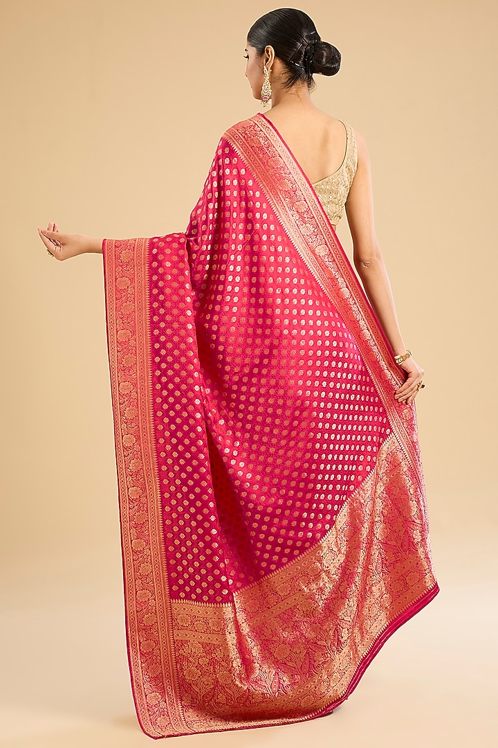 Rani Pink Satin Silk Banarasi Festive Saree Set by NARMADESHWARI at Pernia's Pop Up Shop