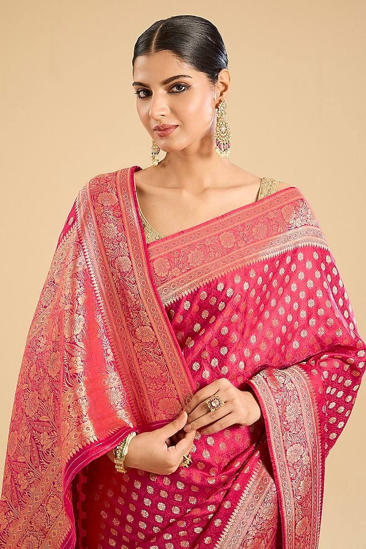 Rani Pink Satin Silk Banarasi Festive Saree Set by NARMADESHWARI at Pernia's Pop Up Shop