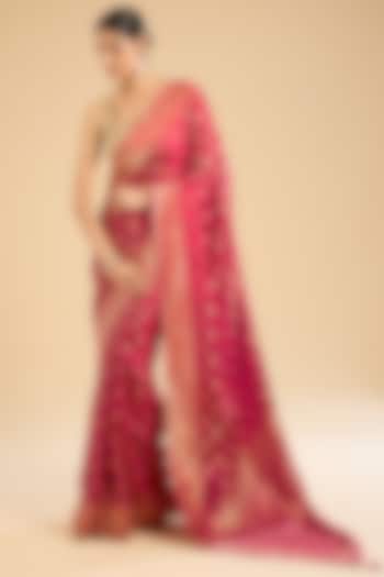 Rani Pink Satin Silk Zari Jaal Weaved Party Wear Saree Set by NARMADESHWARI at Pernia's Pop Up Shop