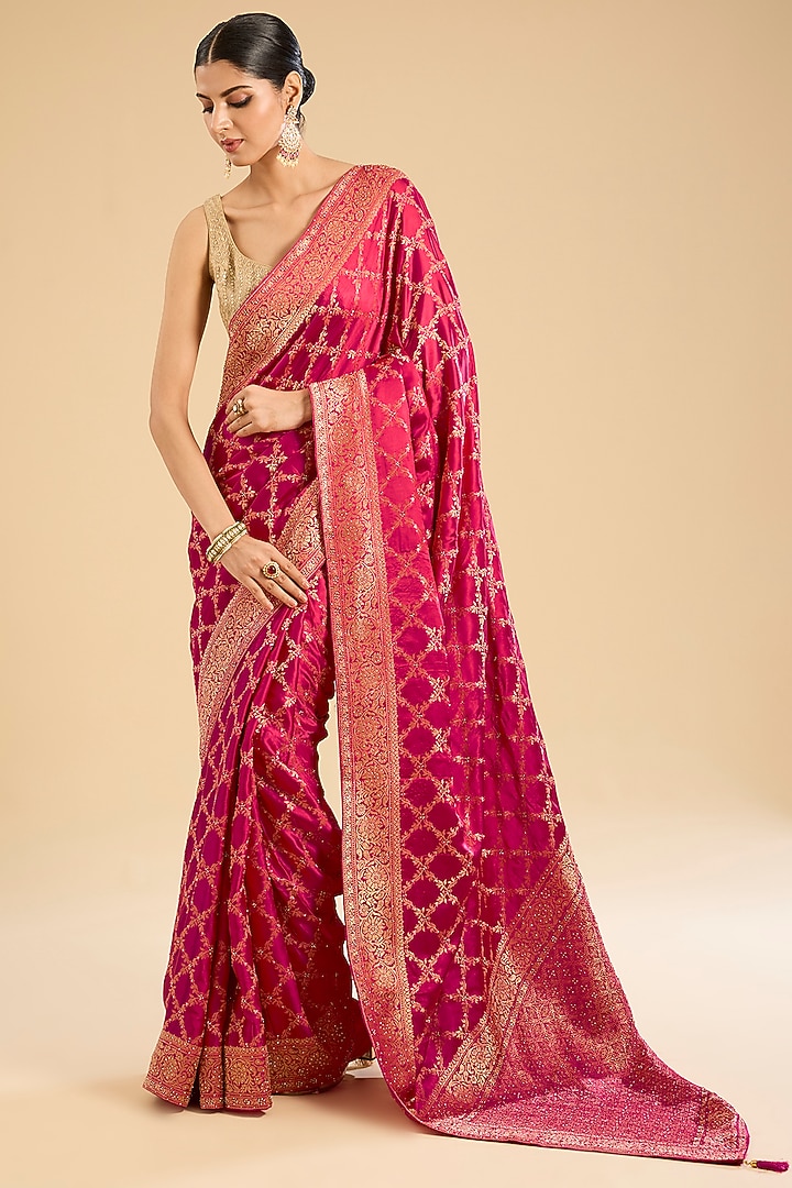 Rani Pink Satin Silk Zari Jaal Weaved Party Wear Saree Set by NARMADESHWARI at Pernia's Pop Up Shop