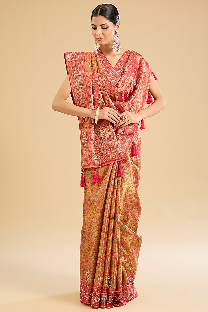 Rani Pink Satin Silk Thread Work Festive Saree Set by NARMADESHWARI at Pernia's Pop Up Shop