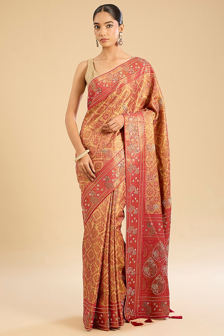 Rani Pink Satin Silk Zari Thread Embellished Festive Saree Set by NARMADESHWARI at Pernia's Pop Up Shop