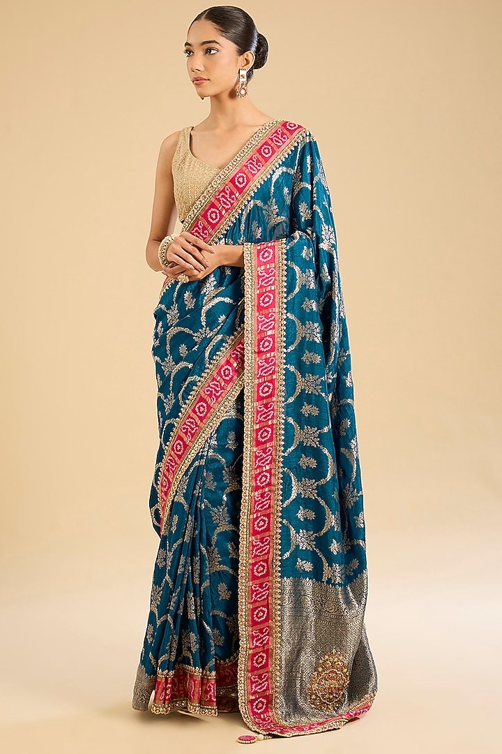Peacock Blue Georgette Zari Party Wear Saree Set by NARMADESHWARI at Pernia's Pop Up Shop