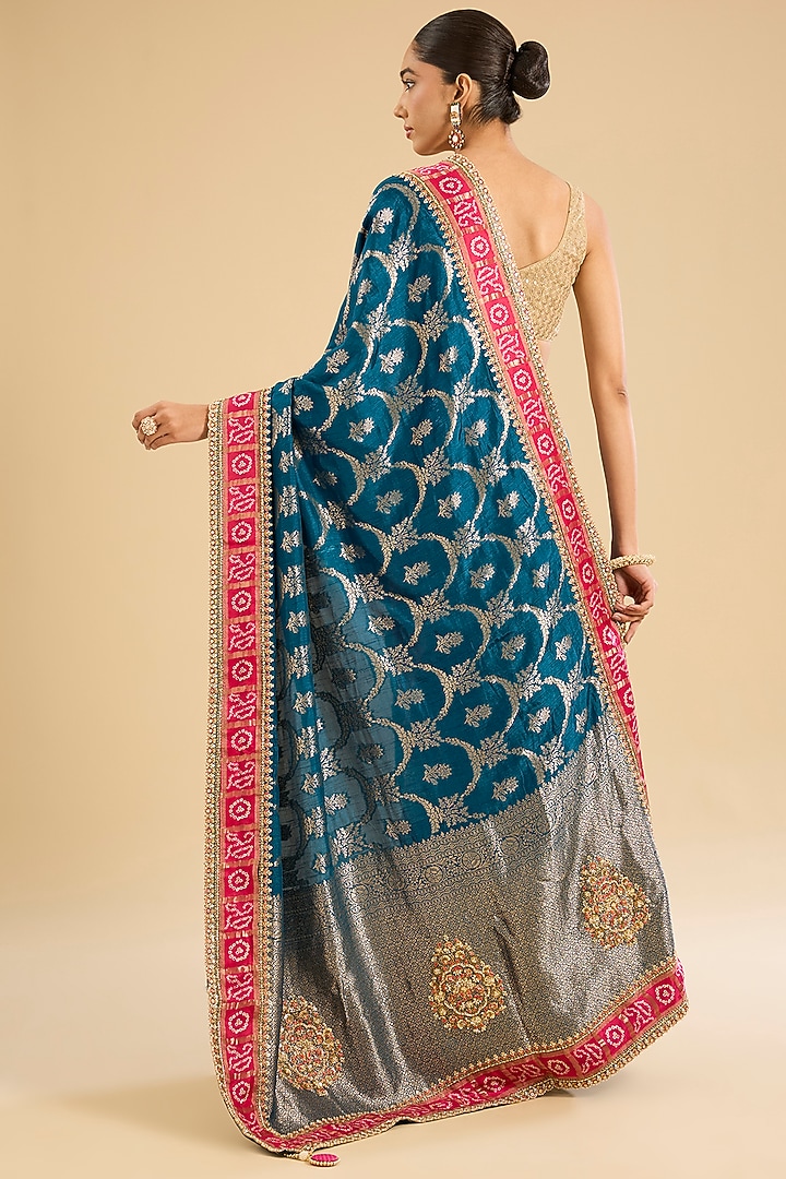 Peacock Blue Georgette Zari Party Wear Saree Set by NARMADESHWARI at Pernia's Pop Up Shop