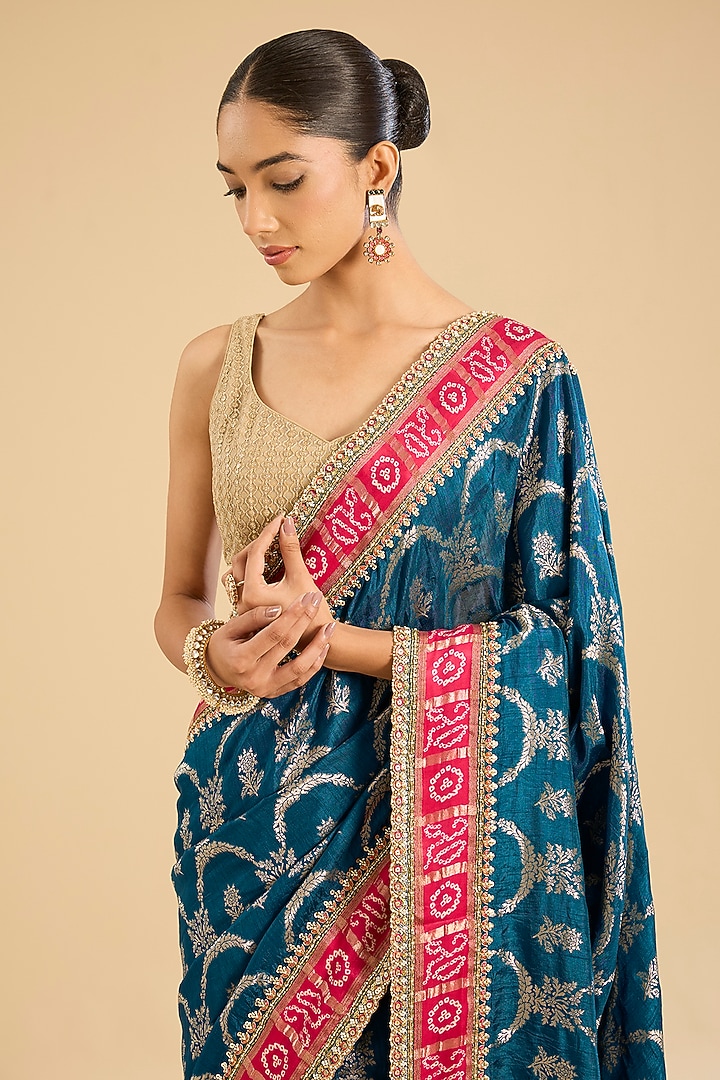 Peacock Blue Georgette Zari Party Wear Saree Set by NARMADESHWARI at Pernia's Pop Up Shop