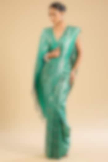 Teal Green Satin Silk Wildlife Motif Zari Work Festive Saree Set by NARMADESHWARI at Pernia's Pop Up Shop