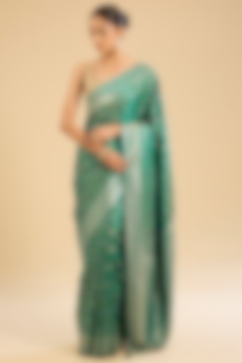 Green Silk Zarkan Embellished Banarasi Festive Saree Set by NARMADESHWARI at Pernia's Pop Up Shop