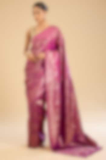 Magenta Pink Silver Zari Work Festive Saree Set by NARMADESHWARI at Pernia's Pop Up Shop