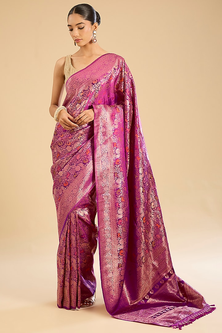 Magenta Pink Silver Zari Work Festive Saree Set by NARMADESHWARI at Pernia's Pop Up Shop