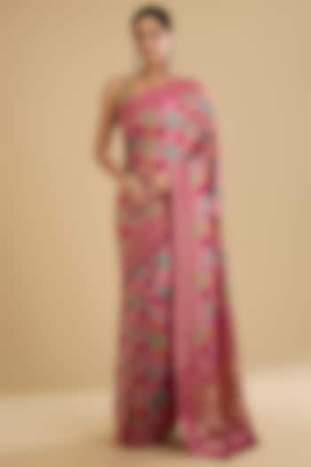 Rani Pink Satin Silk Golden Zari Work Wedding Saree Set by NARMADESHWARI at Pernia's Pop Up Shop