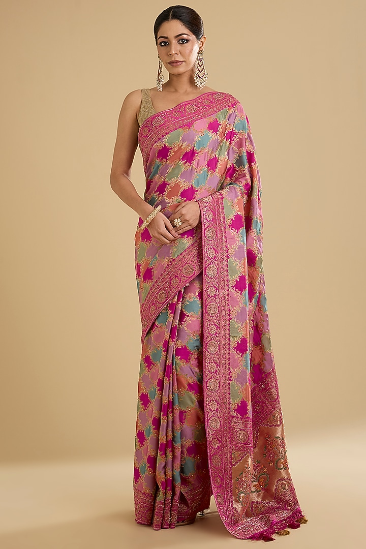 Rani Pink Satin Silk Golden Zari Work Wedding Saree Set by NARMADESHWARI at Pernia's Pop Up Shop