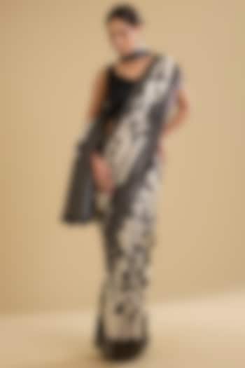 Black & White Satin Printed Festive Saree Set by NARMADESHWARI at Pernia's Pop Up Shop