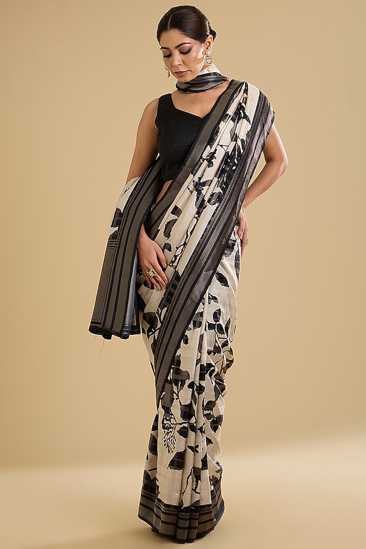 Black & White Satin Printed Festive Saree Set by NARMADESHWARI at Pernia's Pop Up Shop