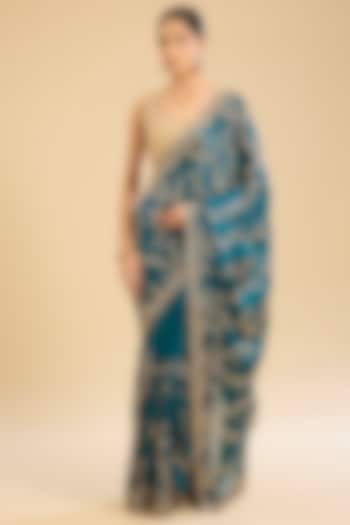 Peacock Blue Glass Tissue Sequins Work Party Wear Saree Set by NARMADESHWARI at Pernia's Pop Up Shop