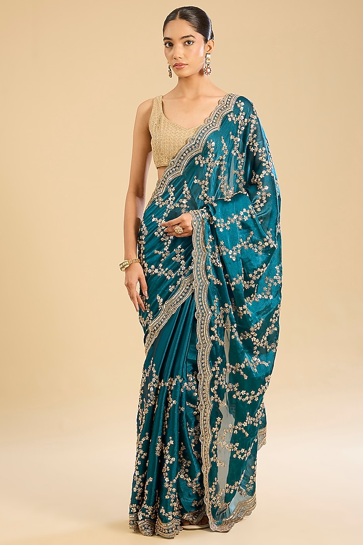 Peacock Blue Glass Tissue Sequins Work Party Wear Saree Set by NARMADESHWARI at Pernia's Pop Up Shop