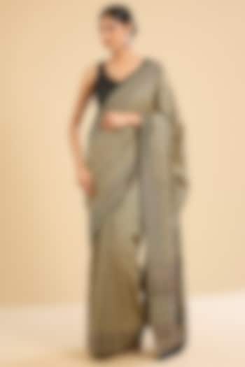 Black & Cream Cotton Floral Printed Festive Saree Set by NARMADESHWARI at Pernia's Pop Up Shop