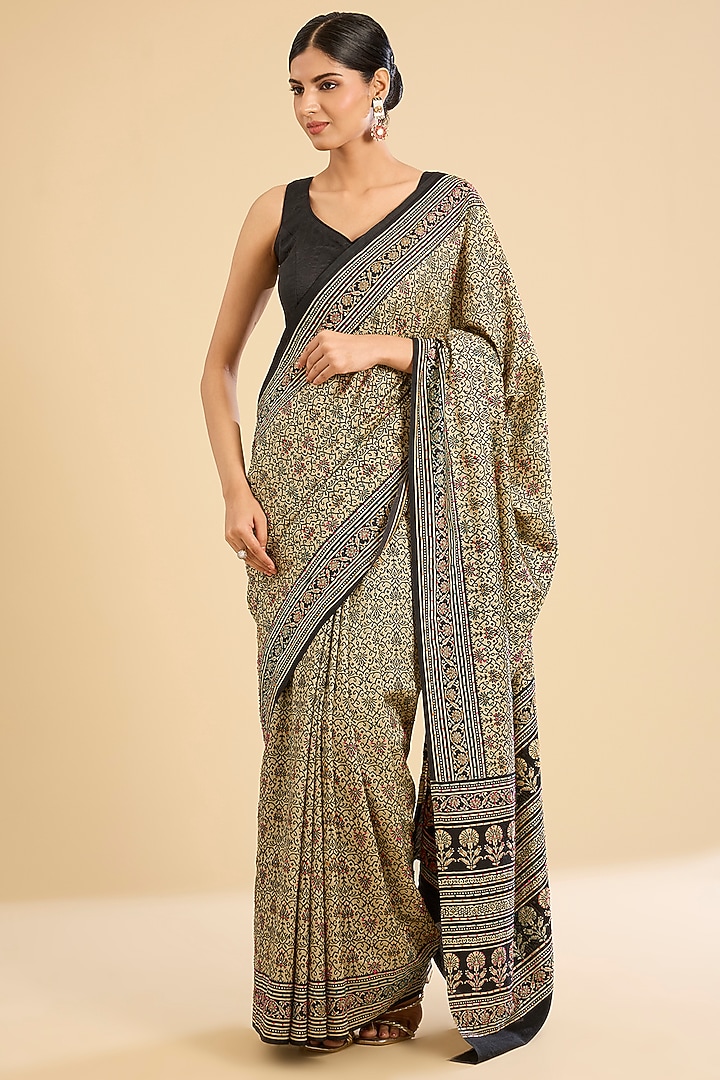 Black & Cream Cotton Floral Printed Festive Saree Set by NARMADESHWARI at Pernia's Pop Up Shop