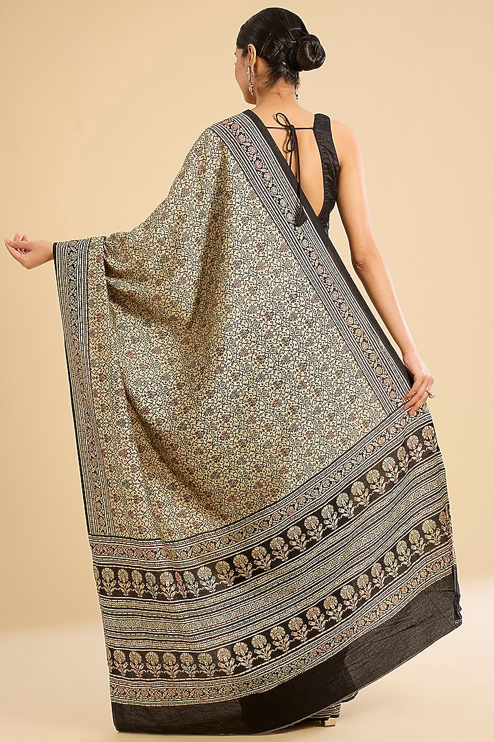 Black & Cream Cotton Floral Printed Festive Saree Set by NARMADESHWARI at Pernia's Pop Up Shop
