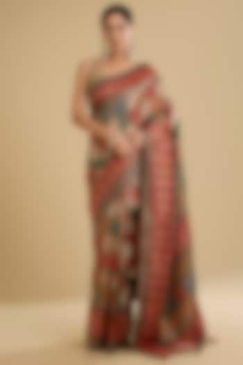 Forest Green Satin Silk Floral Zari Festive Saree Set by NARMADESHWARI at Pernia's Pop Up Shop