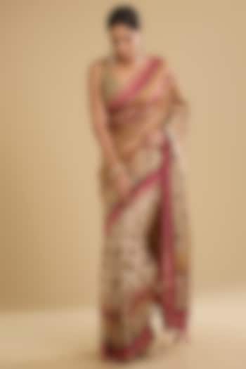 Cream Satin Silk Swarovski Embellished Party Wear Saree Set by NARMADESHWARI at Pernia's Pop Up Shop