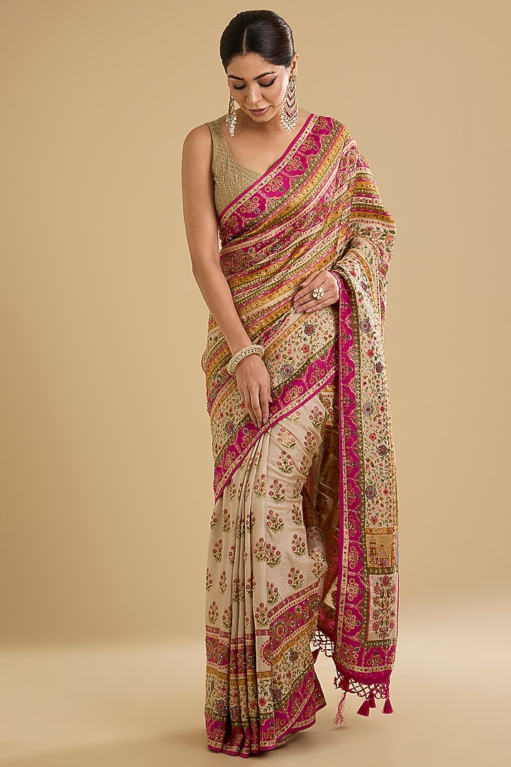 Cream Satin Silk Swarovski Embellished Party Wear Saree Set by NARMADESHWARI at Pernia's Pop Up Shop