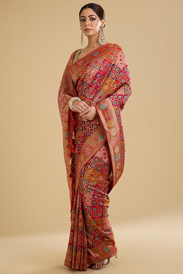 Multi-Colored Satin Silk Zari Work Patola Festive Saree Set by NARMADESHWARI at Pernia's Pop Up Shop